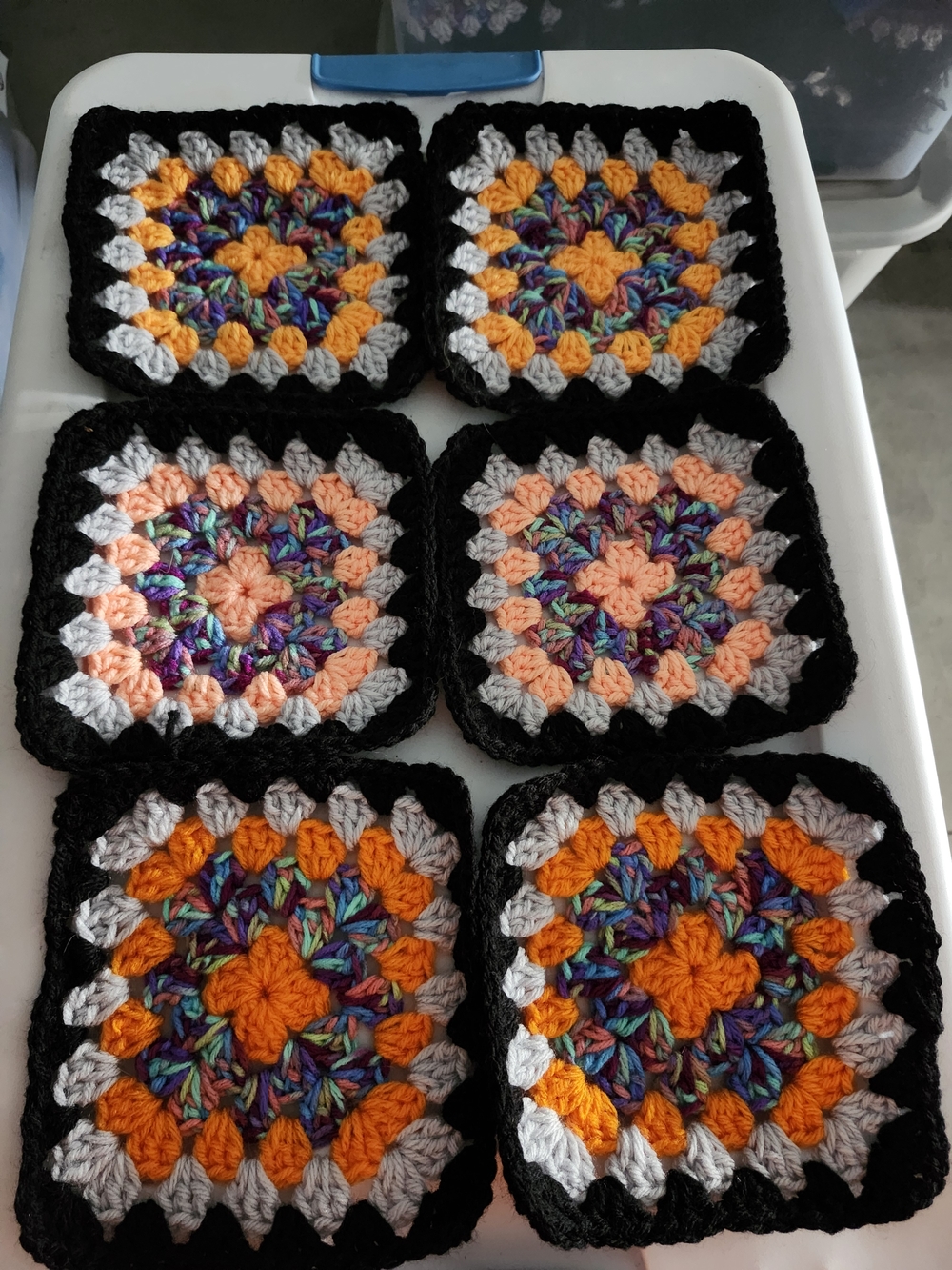 Handmade Multicolor Crochet Granny Squares - Black Trim #16 6pc 6.5x6.5